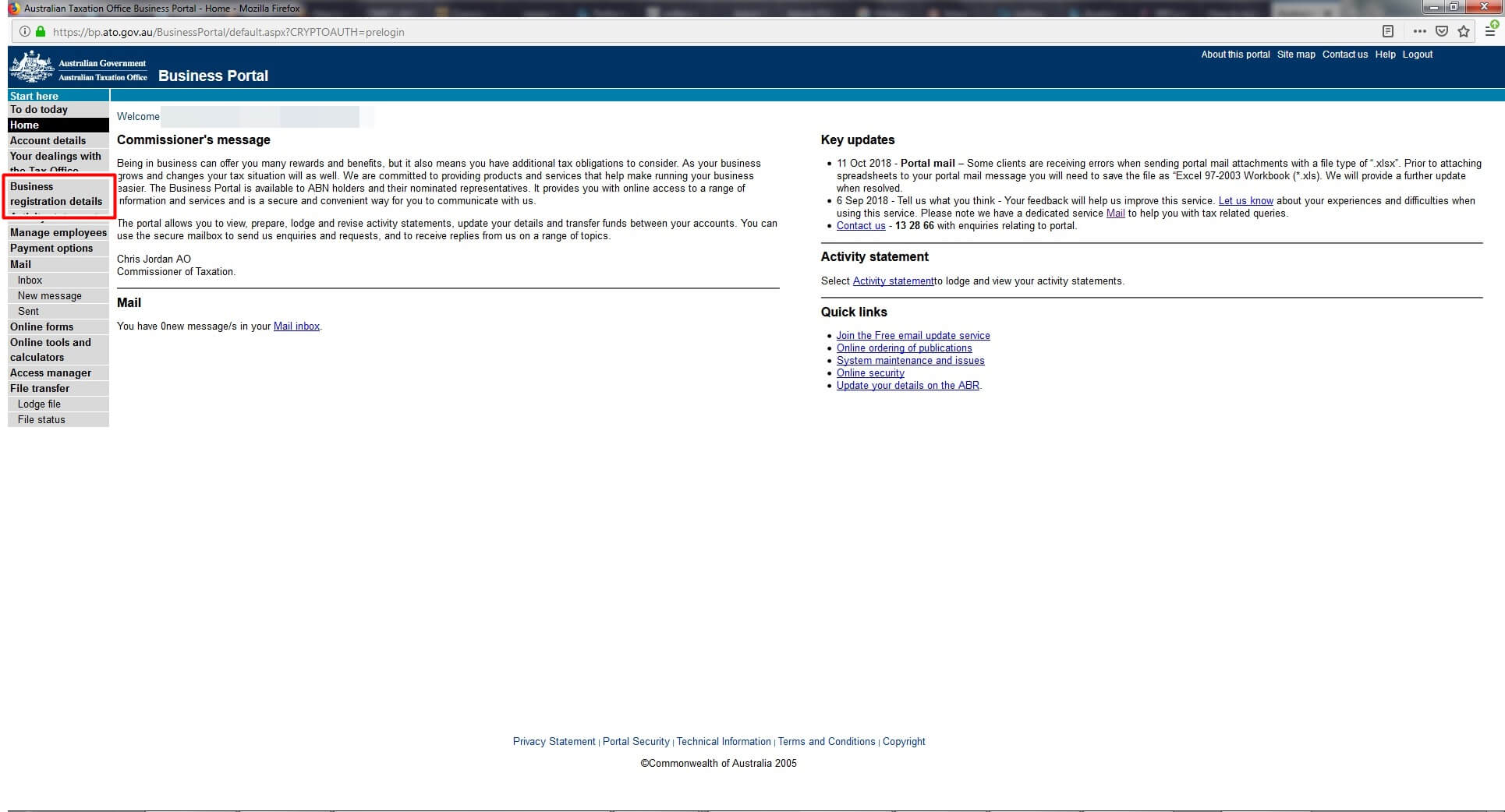 ATO Business Portal home page